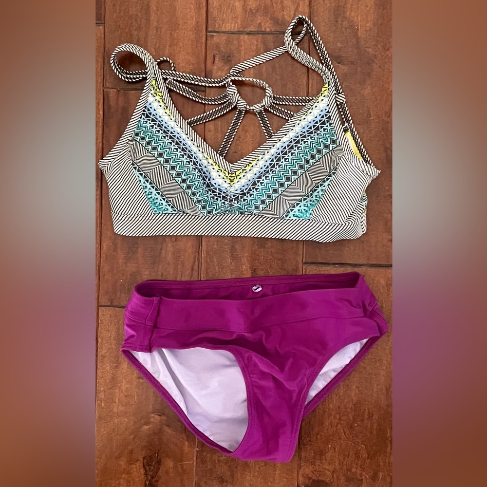 Colorful Patterned Prana Bikini Top and Purple Bottoms